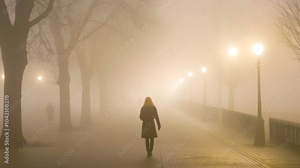 Mysterious Figure Walking in Foggy Street at Night Mysterious Figure Walking in Foggy Street at Night