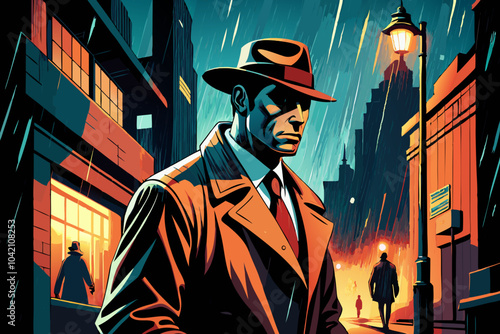 Mysterious Detective in Rainy Noir Cityscape at Night