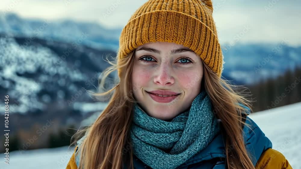 A young woman smiles for the camera, wearing a yellow beanie and blue scarf in a snowy mountain landscape A young woman smiles for the camera, wearing a yellow beanie and blue scarf in a snowy mountain landscape