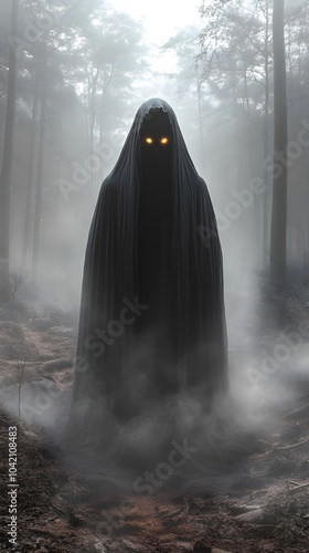 Mysterious Figure in Foggy Forest at Dusk