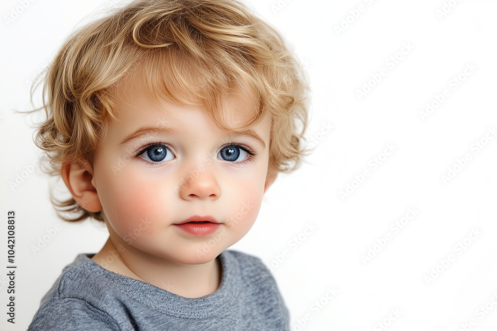 Adorable toddler with curly hair and bright blue eyes smiling at the camera in a bright indoor setting during daytime. Generative AI Adorable toddler with curly hair and bright blue eyes smiling at the camera in a bright indoor setting during daytime. Generative AI