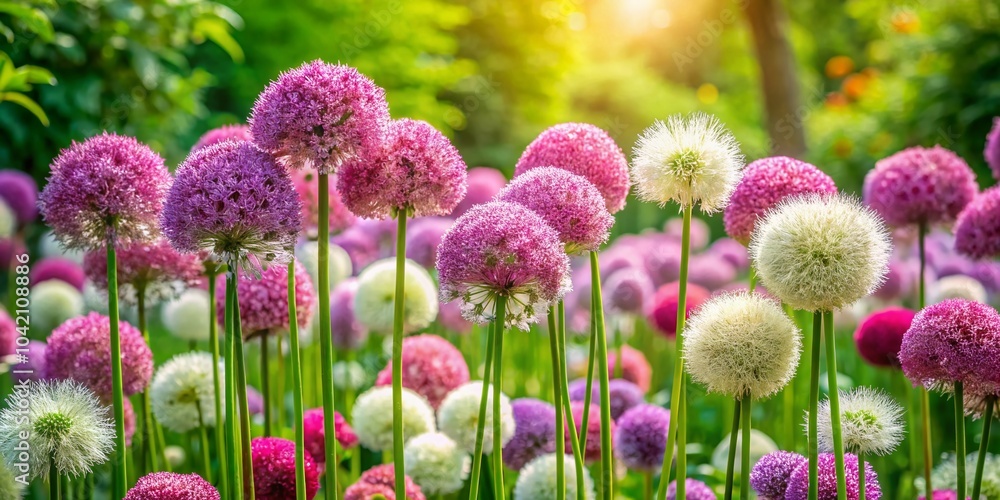 Obraz premium Watercolor Illustration of Allium Flowers in Pink and White - Candid Garden Scene