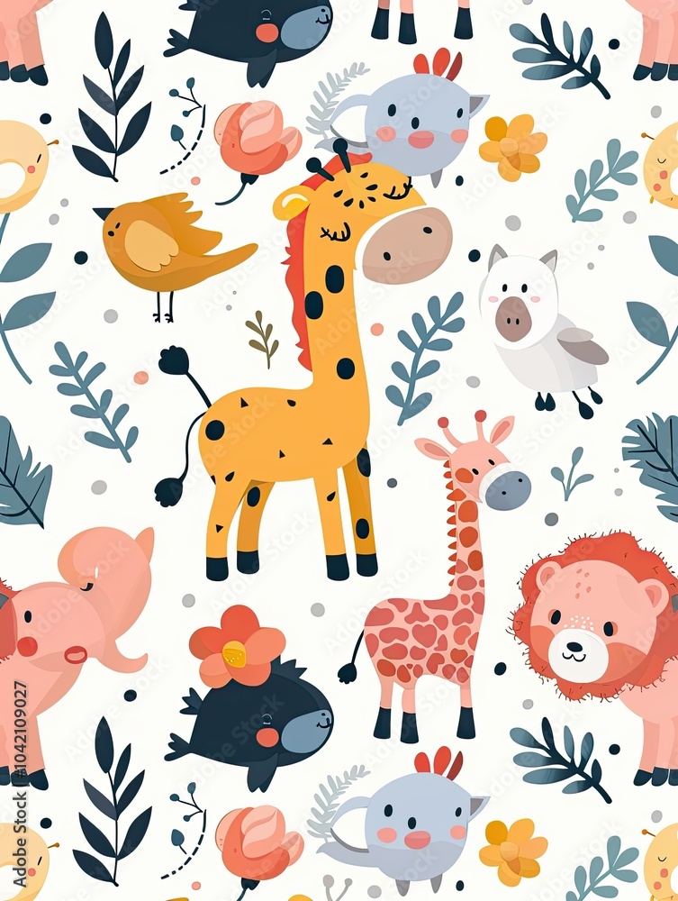 Naklejka premium Cute Safari Animal and Tropical Leaf Pattern
