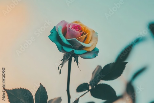 Rainbow rose in bloom sky backdrop