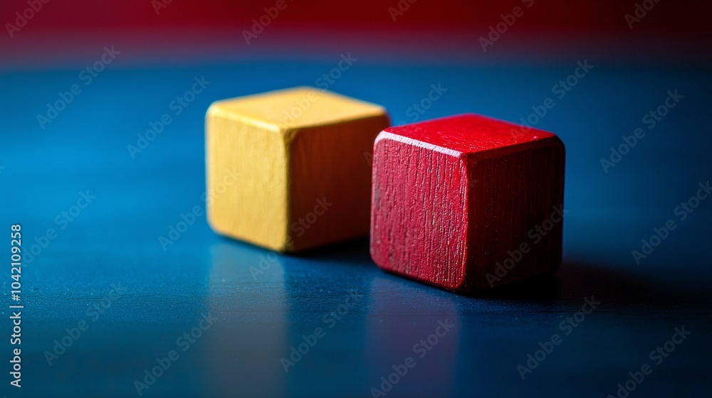 Two wooden blocks in red and yellow on a colorful background Two wooden blocks in red and yellow on a colorful background