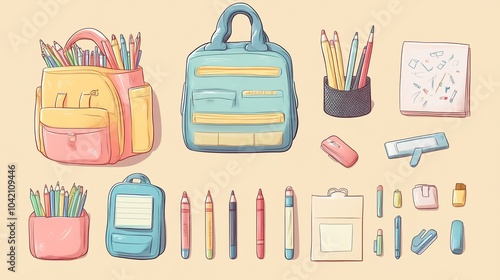 Cartoon illustration of school supplies like backpacks, pencils, erasers, and notepads.