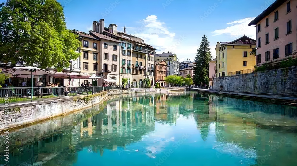 Naklejka premium Colorful Buildings by Serene Canal with Scenic View