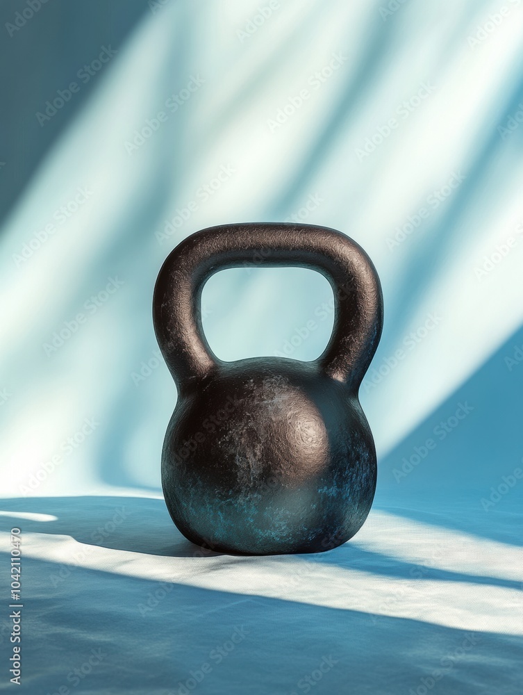 Fototapeta premium A black kettlebell is positioned on a blue surface, illuminated by soft, natural light, enhancing its texture and form for workout enthusiasts. Generative AI