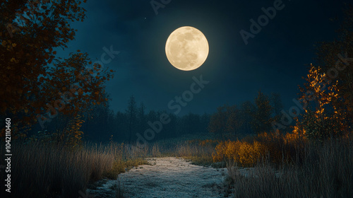 A bright full moon illuminates a tranquil path through a peaceful nighttime forest