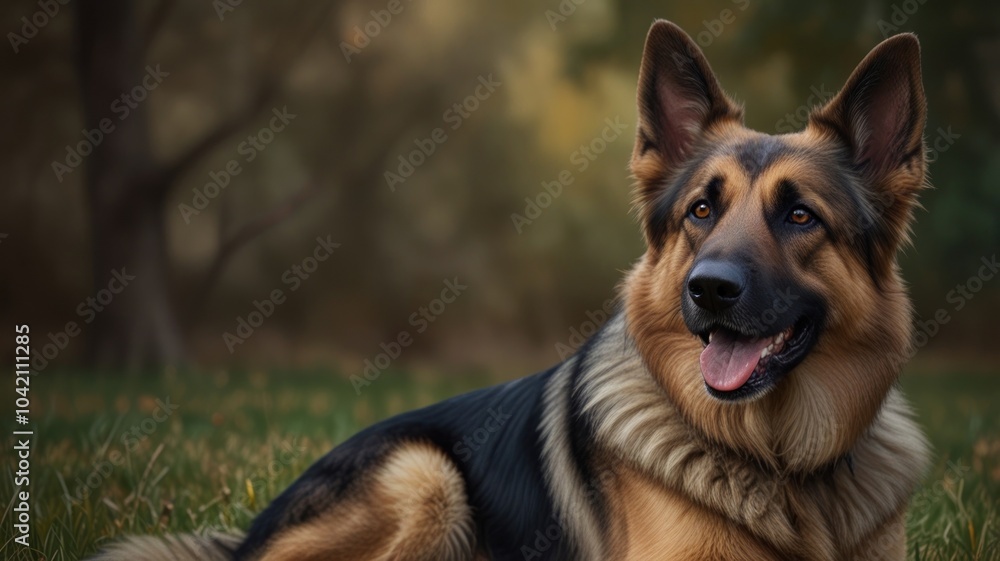 A German Shepherd dog with a black and tan coat lies in a field of green grass with a blurred background of trees in the fall. A German Shepherd dog with a black and tan coat lies in a field of green grass with a blurred background of trees in the fall.