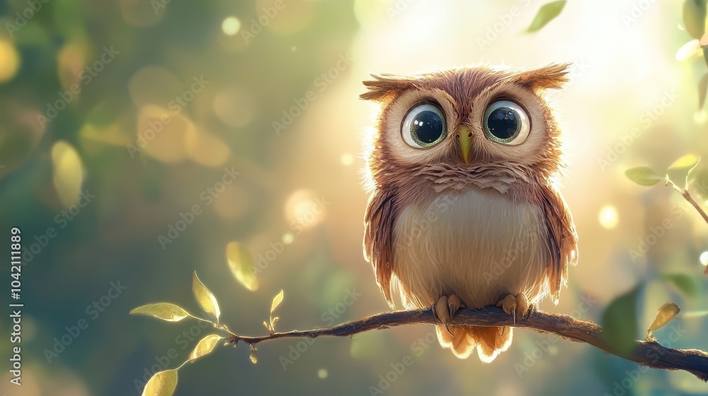 A cute owl perched on a branch, surrounded by soft, glowing greenery, exuding a sense of wonder and serenity. A cute owl perched on a branch, surrounded by soft, glowing greenery, exuding a sense of wonder and serenity.