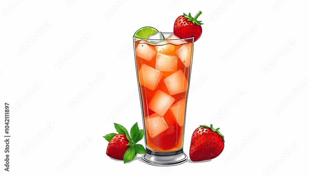 Hand-Drawn Cocktail with Strawberry and Lime Garnish Hand-Drawn Cocktail with Strawberry and Lime Garnish