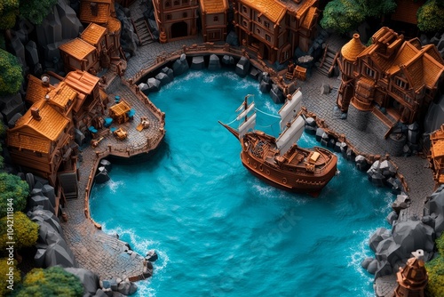 Hyper-realistic aerial view of Popeye Village, with lifelike textures of the rocks, sea, and buildings photo