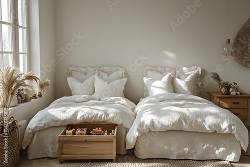 Cozy minimalist kids' bedroom with twin beds and natural decor