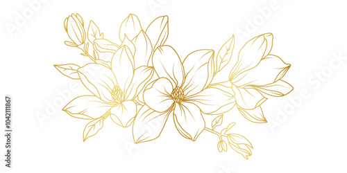Golden magnolia flowers line art isolated on white background. Luxury magnolia floral design elements for invitation, wedding, wallpaper, print template, vector illustration