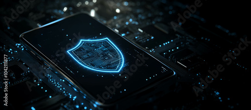 Glowing digital shield icon located on dark mobile phone screen. The concept of digital data protection against a dark background in a 3D