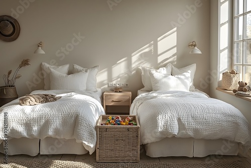 Cozy minimalist bedroom with twin beds and neutral decor in natural light