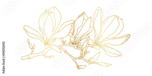 Wallpaper Mural Golden magnolia flowers line art isolated on white background. Luxury magnolia floral design elements for invitation, wedding, wallpaper, print template, vector illustration Torontodigital.ca