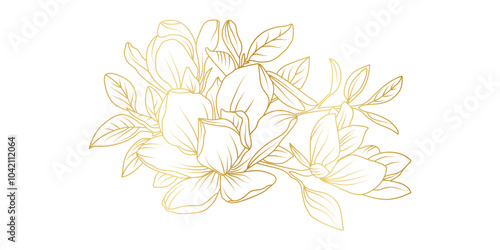 Golden magnolia flowers line art isolated on white background. Luxury magnolia floral design elements for invitation, wedding, wallpaper, print template, vector illustration