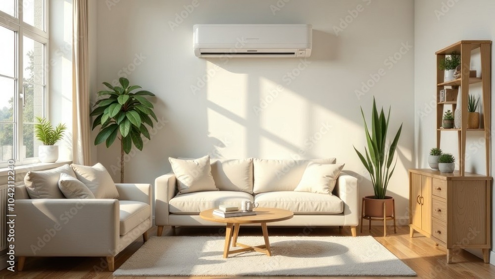 Modern living room interior with air conditioner cooling the room on a sunny day Modern living room interior with air conditioner cooling the room on a sunny day
