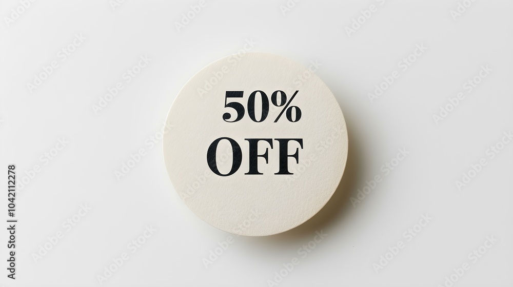 Black '50% OFF' Text on a Ivory Round Paper Note. White Background with Copy Space Black '50% OFF' Text on a Ivory Round Paper Note. White Background with Copy Space