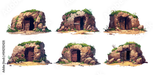 Abandoned old mine entrance cartoon vector set. Wooden gate timber door boulder stone rock pile digging cavern, cave under cliff excavation ancient tunnel, isolated illustrations on white backdrop