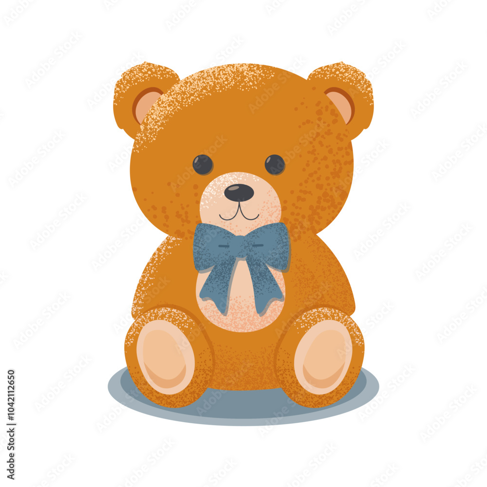 Fototapeta premium The image shows a cute brown teddy bear with a blue bow on its neck, with a shadow below, on a white background.