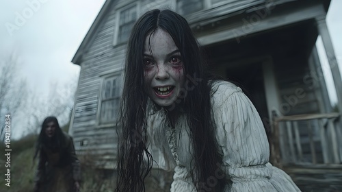 Creepy Girl in Haunted House at Dusk