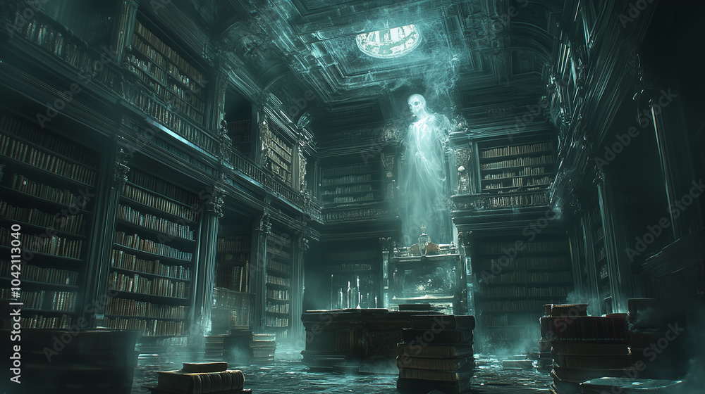Fototapeta premium Mysterious ghostly figure overlooking an ancient library filled with dusty books and floating candles during a dimly lit atmosphere