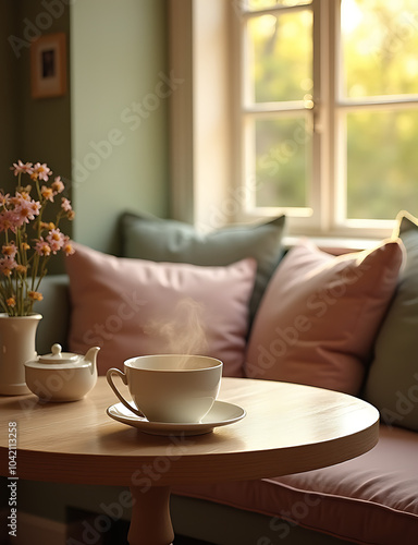  cozy breakfast nook with soft cushions, bathed in morning light, a cup of tea steaming on the table, inviting a slow, peaceful start to the day.