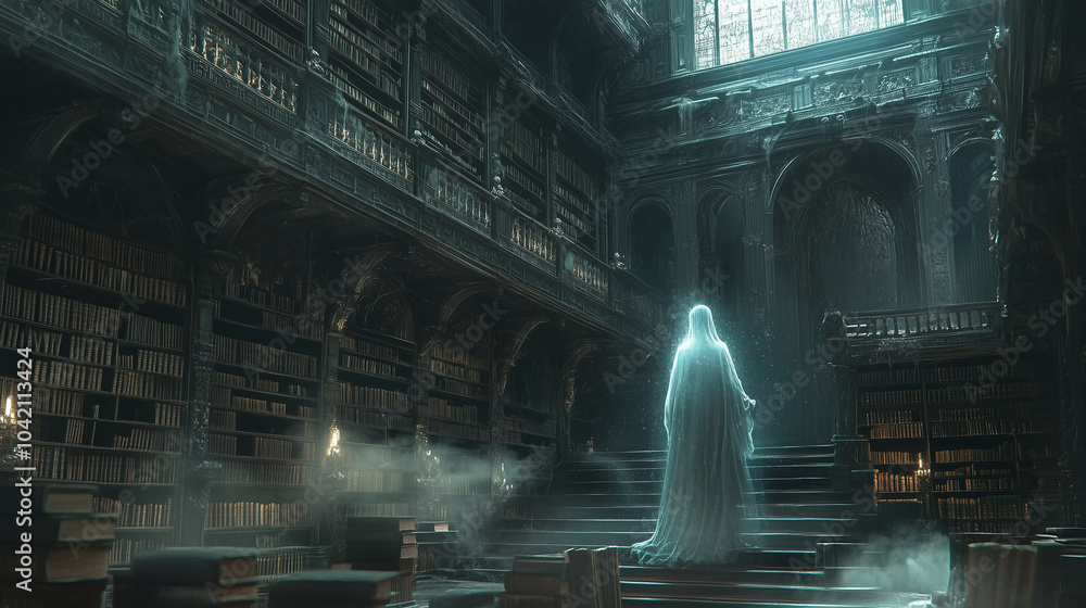 Obraz premium A spectral figure glides through an ancient library filled with dusty shelves and books during the twilight hours