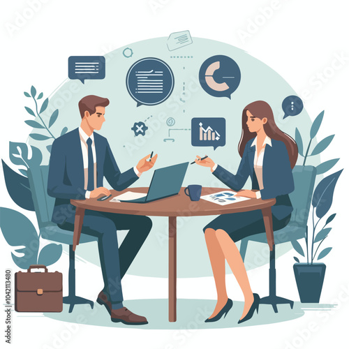 Partners meeting for business discussion with documents and laptop on desk. Couple at round table, speaking, discussing work, partnership. Flat vector illustration isolated on white background