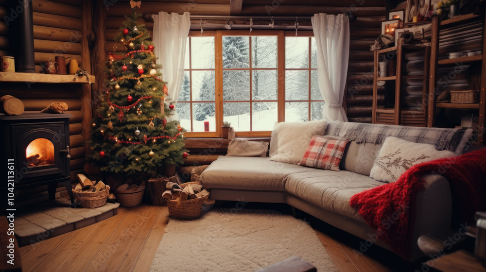 generated illustration of cozy rustic living room , windows and a fireplace, decorated for Christmas generated illustration of cozy rustic living room , windows and a fireplace, decorated for Christmas