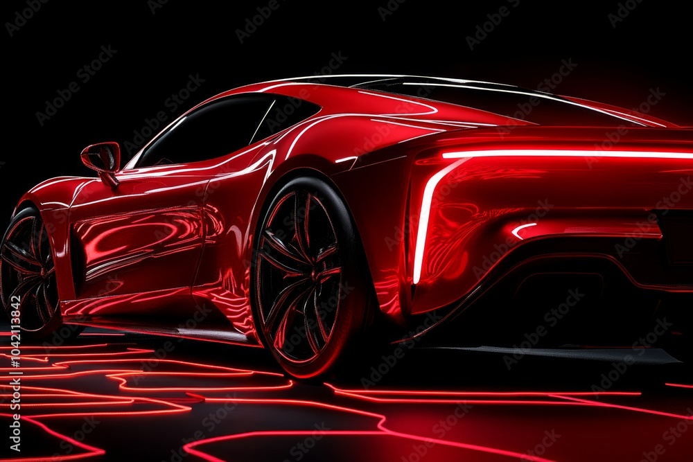 Naklejka premium Luxury sports car in the spotlight, with a person admiring its sleek design and representing a materialistic lifestyle