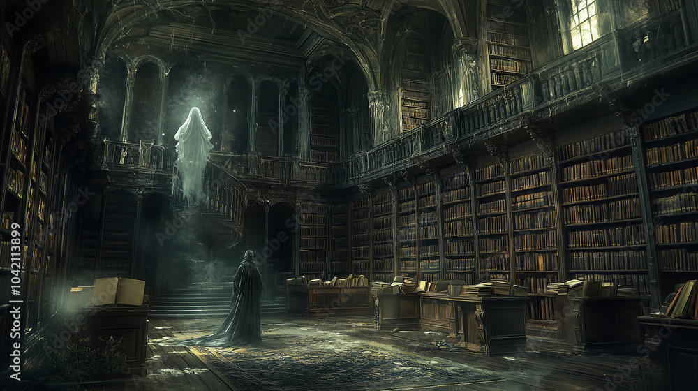 A mysterious figure in a dimly lit, ancient library surrounded by towering shelves filled with dusty books at twilight A mysterious figure in a dimly lit, ancient library surrounded by towering shelves filled with dusty books at twilight