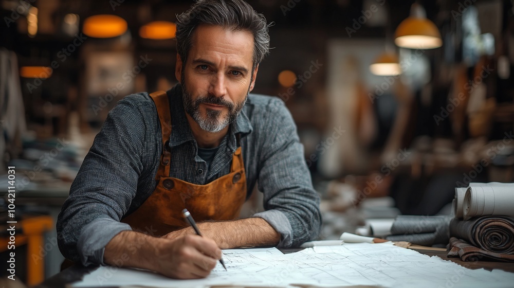 A focused artisan drafts a design on a sheet of paper in his workshop. A focused artisan drafts a design on a sheet of paper in his workshop.
