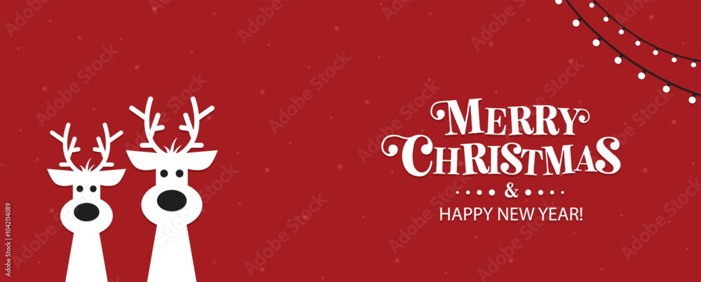 It's a cute Christmas reindeer on a red background. Christmas background, banner, or card. Merry Christmas text.