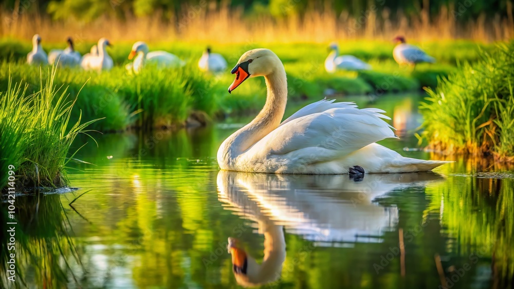 Fototapeta premium White Swan on Green Grass Near Pond - Serene Wild Bird Nature Scene in High Dynamic Range