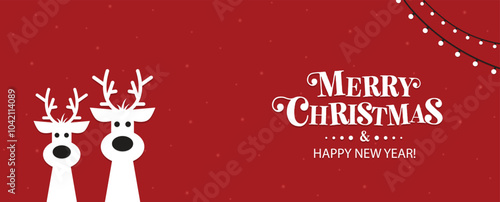 Obraz na płótnie It's a cute Christmas reindeer on a red background. Christmas background, banner, or card. Merry Christmas text. w salonie