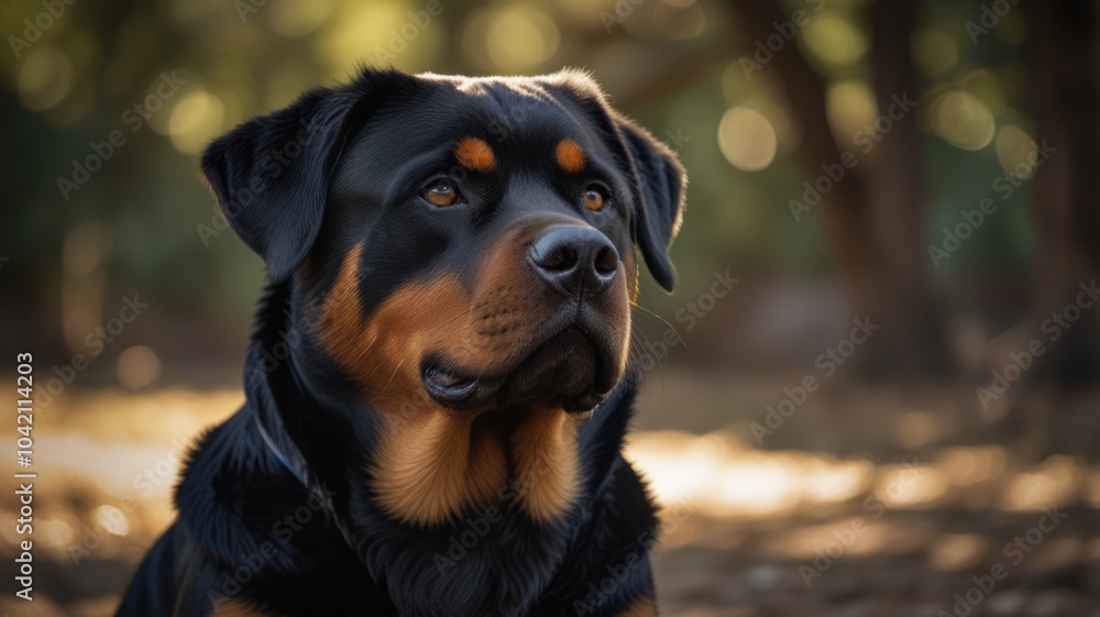 A Rottweiler dog with a serious expression, looking directly at the camera in a park with a blurred background. A Rottweiler dog with a serious expression, looking directly at the camera in a park with a blurred background.