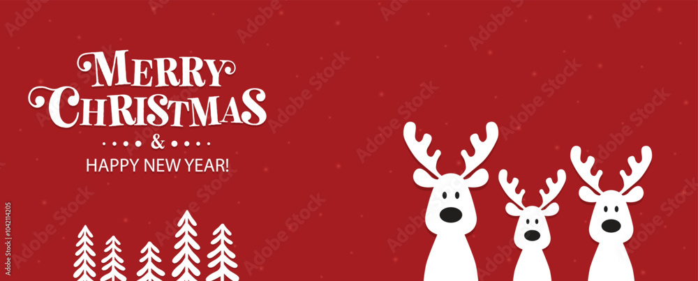 It's a cute Christmas reindeer on a red background. Christmas background, banner, or card. Merry Christmas text.