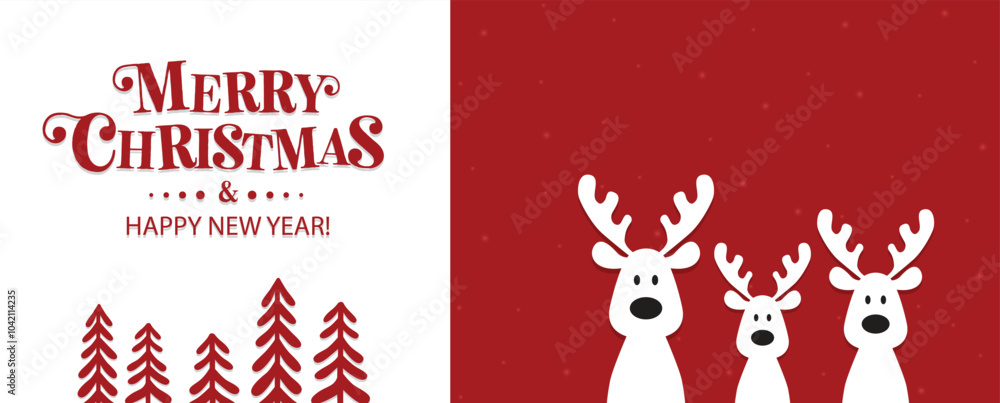 It's a cute Christmas reindeer on a red background. Christmas background, banner, or card. Merry Christmas text.