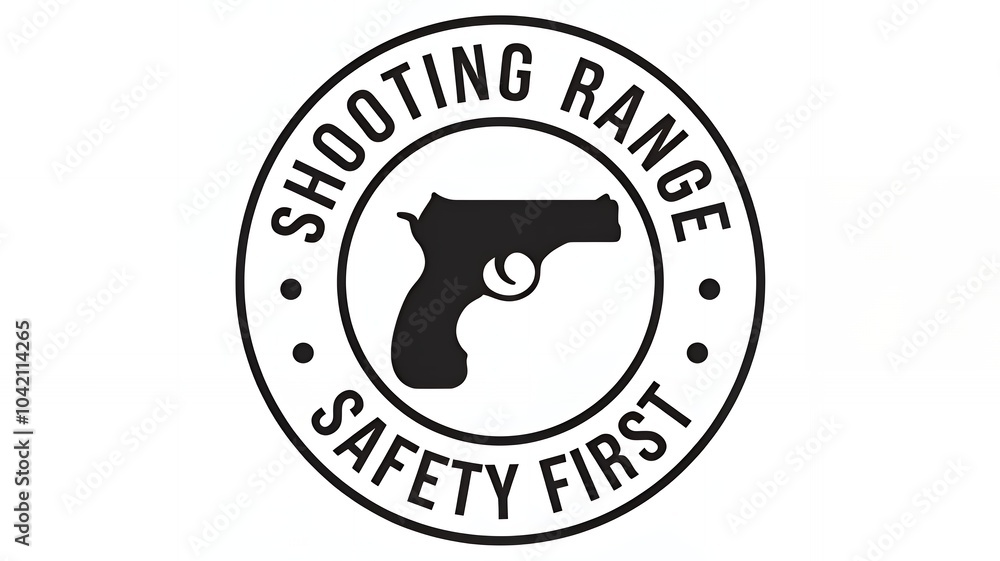 circular emblem with a shooting range symbol gun and text, safety first slogan. Shooting range sign isolated on a white background. circular emblem with a shooting range symbol gun and text, safety first slogan. Shooting range sign isolated on a white background.
