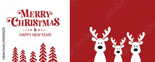 Obraz na płótnie It's a cute Christmas reindeer on a red background. Christmas background, banner, or card. Merry Christmas text. w salonie