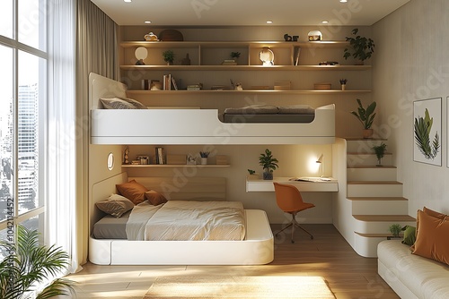 Modern cozy loft bedroom with bunk beds and workspace