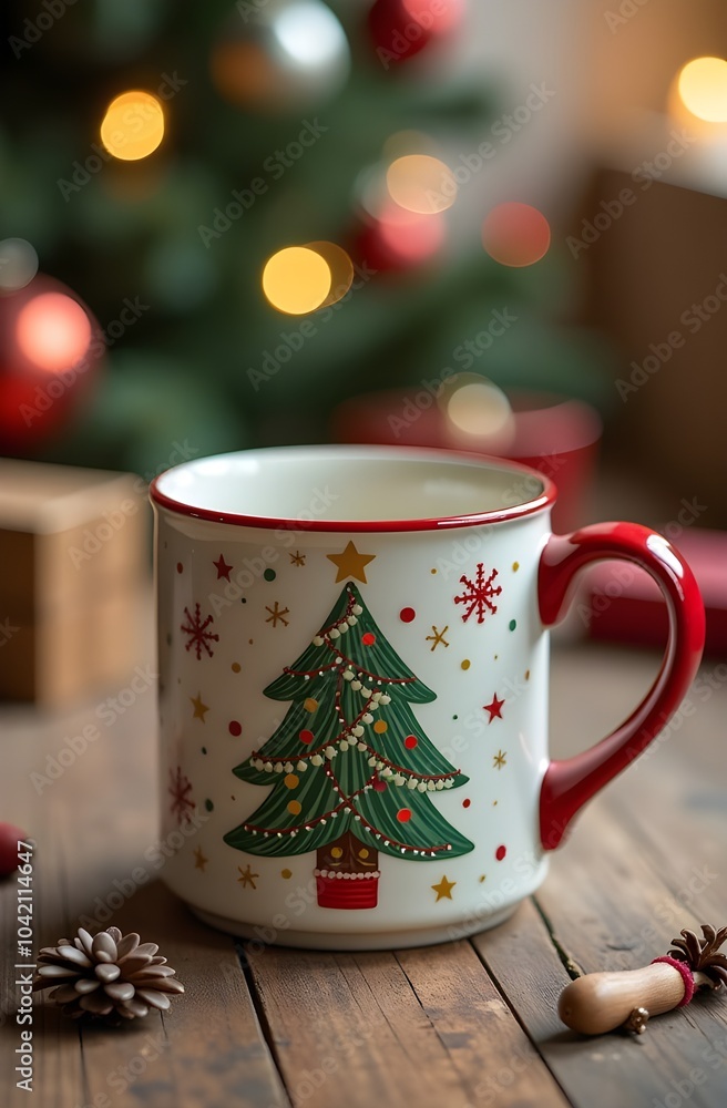 White New Year mug with decorated Christmas tree with ornament. Cup of coffee with christmas decorations White New Year mug with decorated Christmas tree with ornament. Cup of coffee with christmas decorations
