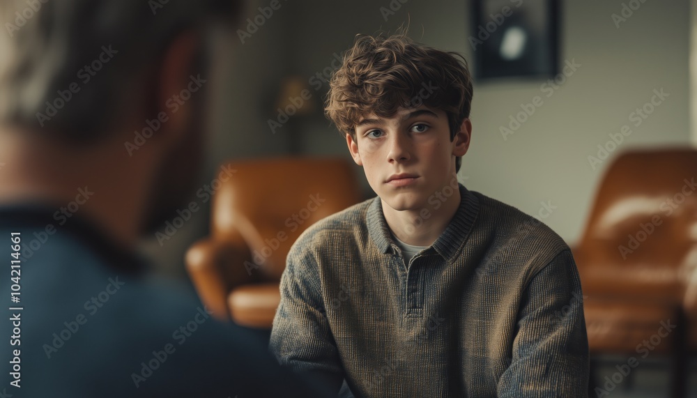 Adolescent Boy Engaged In Family Therapy Session With Supportive Father And Psychologist In Background, Blank Space For Copy. Adolescent Boy Engaged In Family Therapy Session With Supportive Father And Psychologist In Background, Blank Space For Copy.