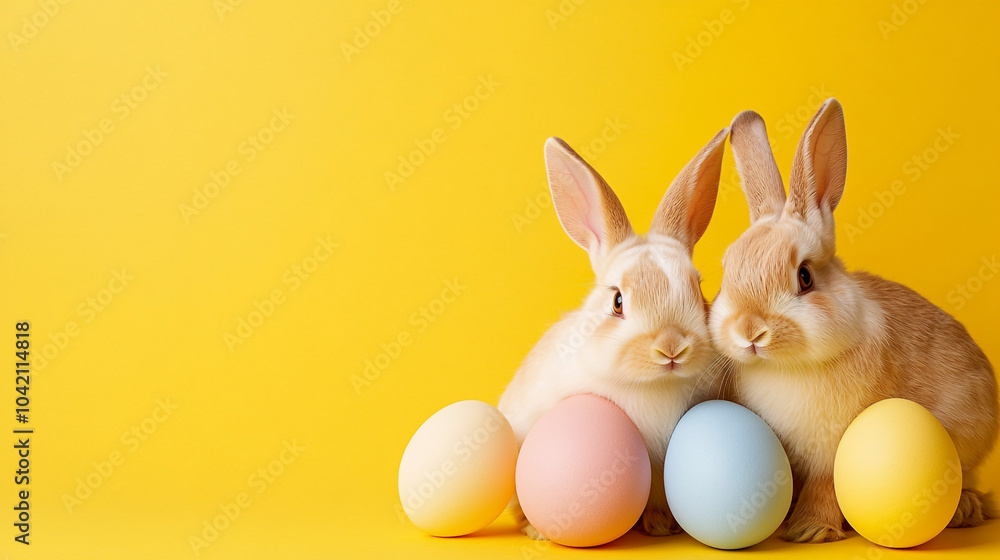 Fototapeta premium Two adorable rabbits sitting beside colorful Easter eggs on a bright yellow background
