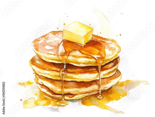 A stack of fluffy watercolor pancakes dripping with golden syrup, butter melting on top, painted in soft warm colors on a white background.