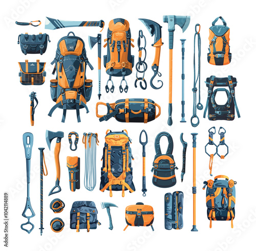 Alpinist gear equipment cartoon vector set. Backpacks ropes ice axes helmet knives bootstraps cords carabiners crampons wires, extreme sharp mountains climbing inventory sport, isolated artworks